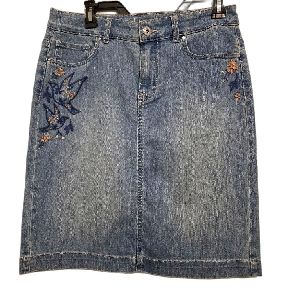 Style & Co. Blue Denim Skirt Embroidered Birds Floral CottageCore Boho Womens 6